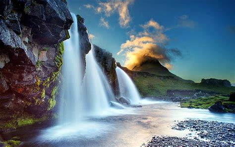 Kirkjufellsfoss Waterfalls Iceland Waterfall Rocks Clouds Iceland
