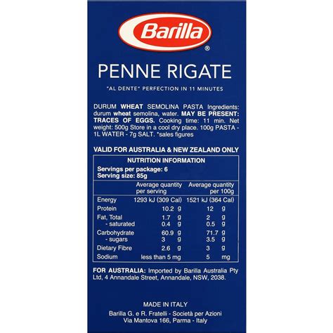 Barilla Pasta Nutrition Label 1stadenium