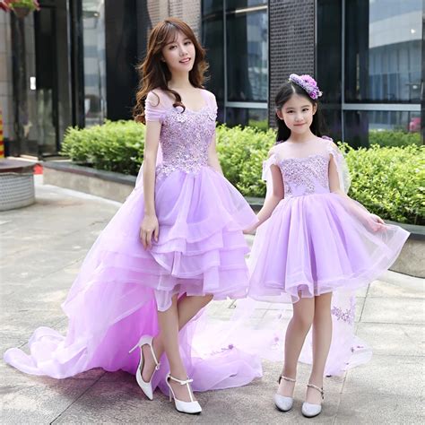 mother daughter girls wedding dress ball gown lace prom purple mommy and me clothes floral tutu