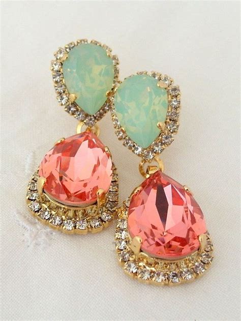 Peach Coral And Mint Opal Swarovski Crystal Necklace Bridal Earrings