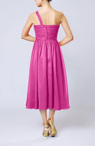 Hot Pink Casual One Shoulder Sleeveless Chiffon Pleated Wedding Guest