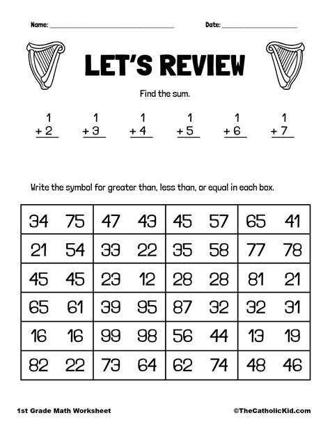 Gtlt And Addition Review 1st Grade Math Worksheet Catholic