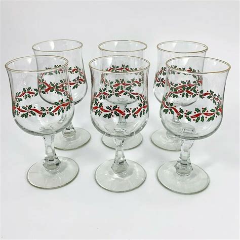 libbey holly berry ribbon stemmed water goblets christmas glasses set of 6 lsr3 for sale online