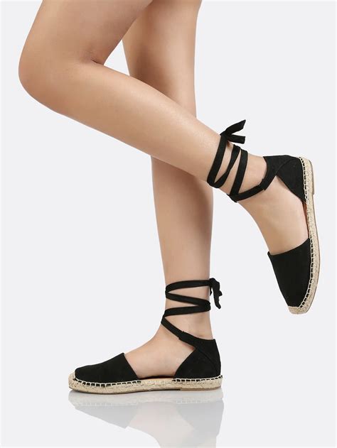 Lace Up Ankle Strap Espadrille Flat BLACK SHEIN Flat Espadrilles