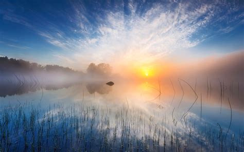 Nature Landscape Sunrise Sunlight Morning Lake Mist Sweden