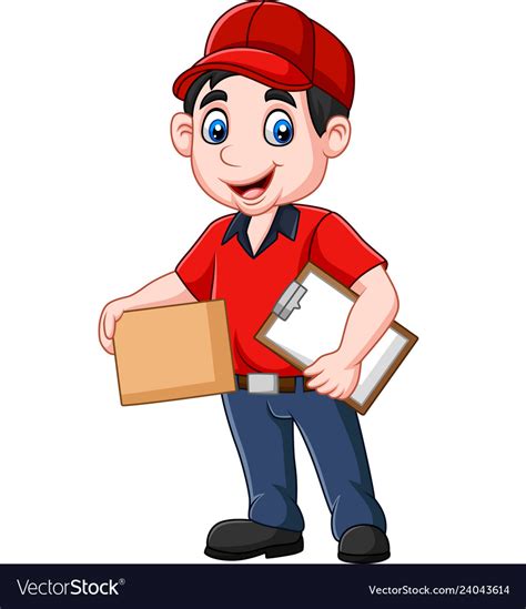 Cartoon Delivery Courier Holding Clipboard And Car