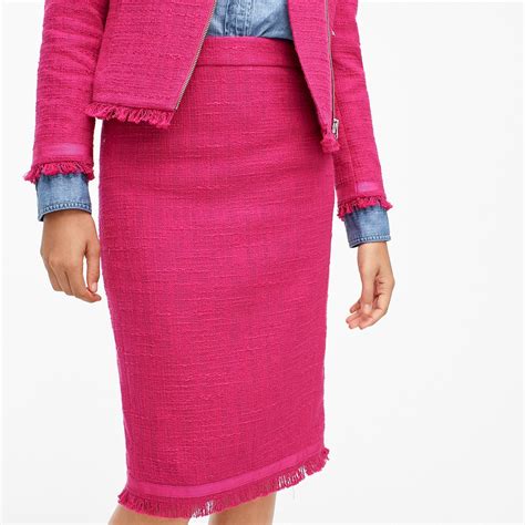 Jcrew Tweed Pencil Skirt With Fringe In Pink Lyst