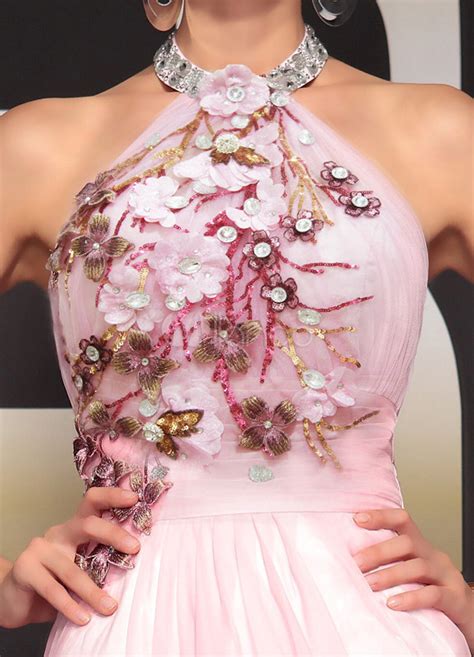 Pink Halter Flower Chiffon Womans Prom Dress