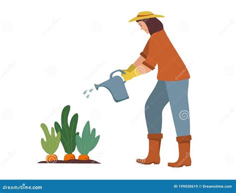 Woman Gardener Waters Plants From A Watering Canagriculture Gardener
