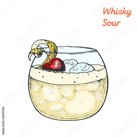 Whiskey Sour Cocktail Illustration Alcoholic Cocktails Hand Drawn Vector Illustration Stock