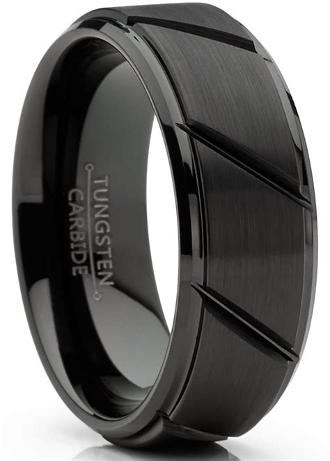 Mens Tungsten Ring Black Grooved Wedding Band Beveled Edges Comfort Fit