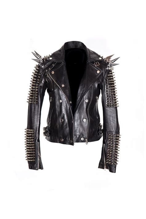 Women Black Long Spiked Studded Punk Rider Leather Jacketstudded Style