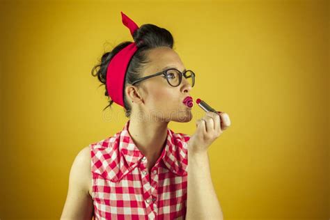 Close Up Portrait Beautiful Pin Up Girl Putting On Makeup Stock Image