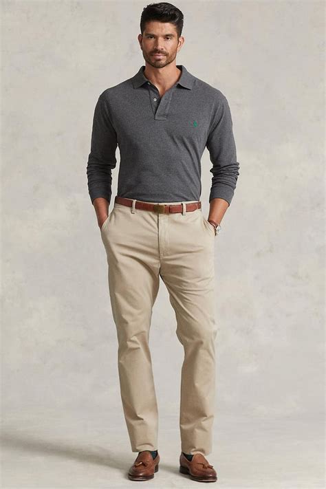 Men's khaki pants, long sleeve knitted grey polo shirt and brown