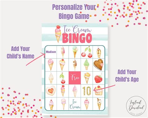 Printable Bingo Game Ice Cream Bingo Birthday Bingo Custom Etsy