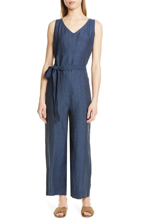 Eileen Fisher Belted Organic Linen Jumpsuit In Blue Lyst