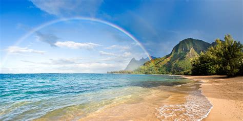 Beach Rainbows Sea Mountain Trees Sand Hawaii Island Clouds Nature Landscape