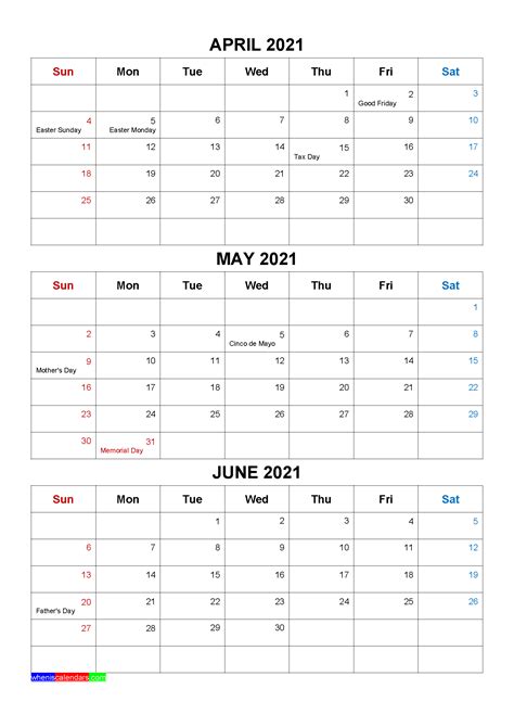 Printable April May June 2021 Calendar Template Word Pdf