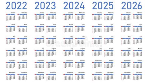 English Calendars Set For 2022 2023 2024 2025 2026 Stock Vector