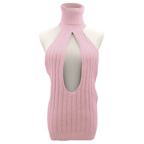 2021 Fashion Sexy Women Backless Virgin Killer Sweater Turtleneck Open Chest Hollow Knitted