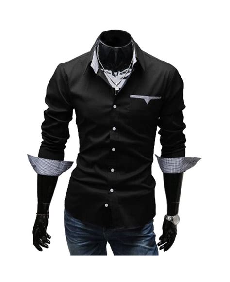 Stylish Turn Down Collar Long Sleeve Printed Spliced Button Design Mens Shirt Black