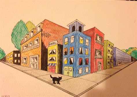 A Drawing Of A Black Cat Standing In Front Of Some Colorful Buildings