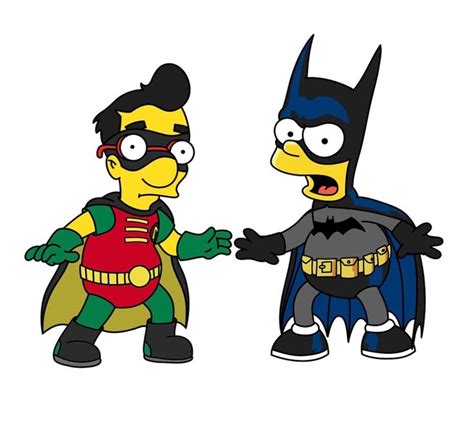 Two Cartoon Characters Dressed As Batman And The Simpsons Are Standing