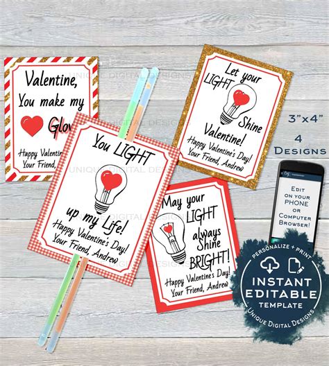 Valentine Card Glow Stick Favor Tags Kids Editable Valentines Cards