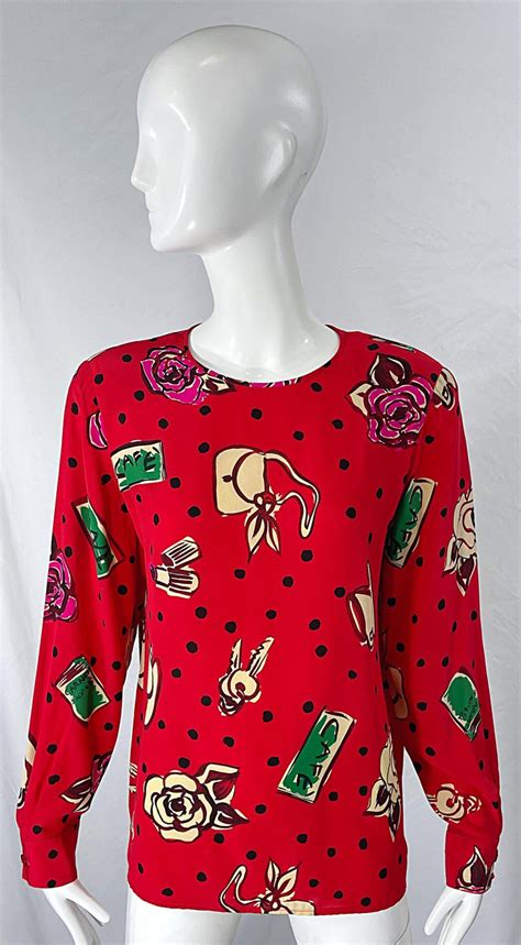 Emanuel Ungaro 1990s Size 10 Red Novelty Print Silk Vintage 90s Blouse