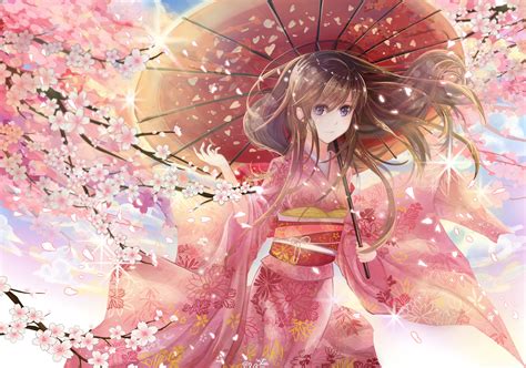 umbrella kimono original characters pink cherry blossom japanese clothes