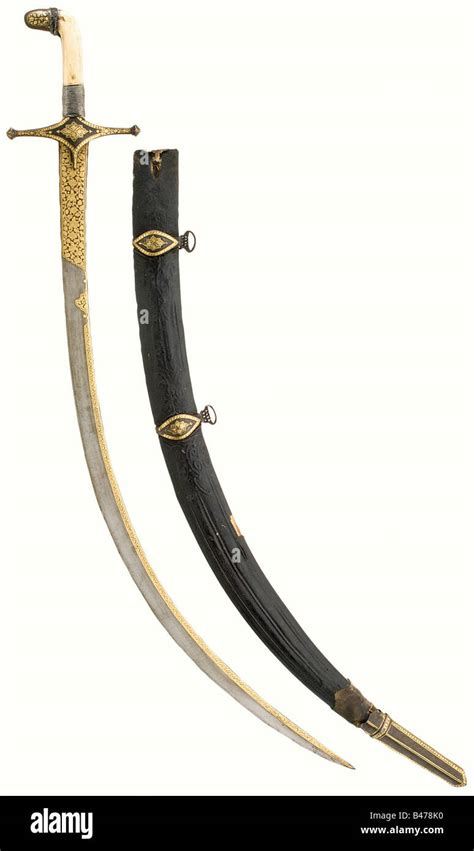 a gold inlaid shamshir persian circa 1800 curved single edged blade of watered steel with