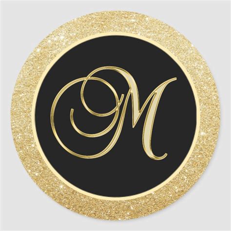 Elegant Monogram Letter M Black Gold Glitter Seals Zazzle Monogram