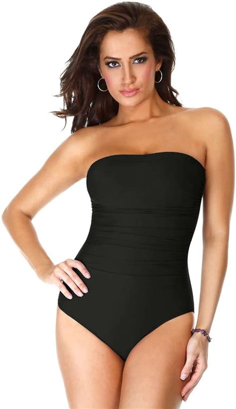 Miraclesuit Womens Swimwear Long Torso Solid Avanti Bandeau Strapless One Piece Swimsuit Black