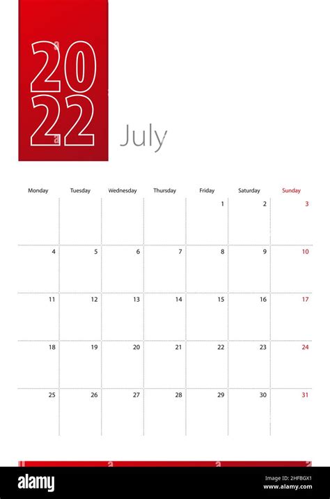 July 2022 Calendar Design Week Starts On Monday Vertical 2022
