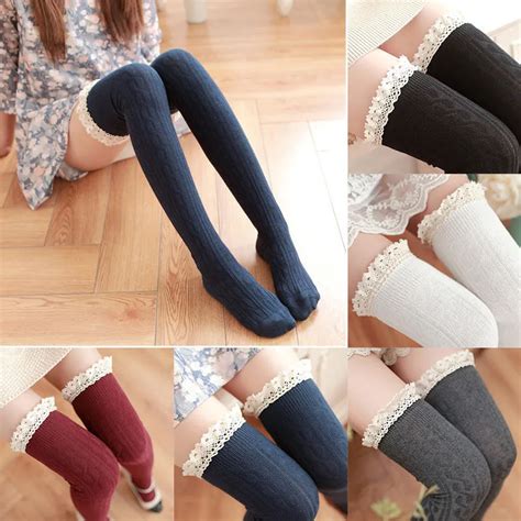 New Fashion Women Lace Stockings Sexy Spring Winter Wear Solid Color Warm Stockings Over Knee