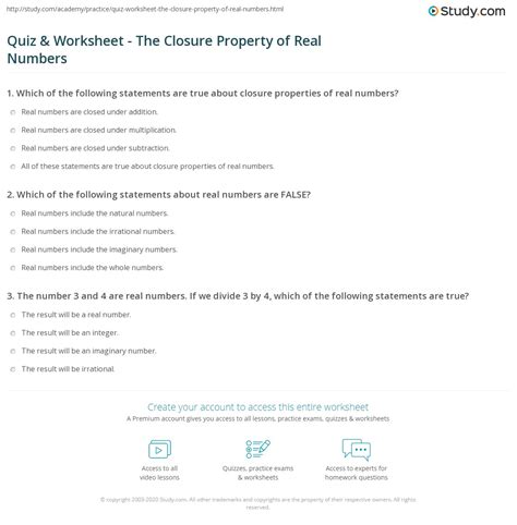 Closure Property Of Real Numbers Worksheet