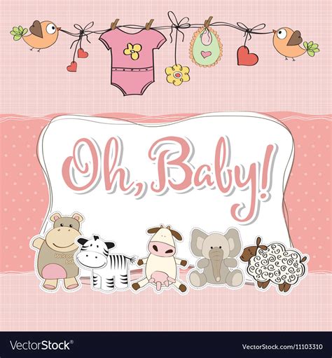 The free printable baby cards are straightforward to get from the site, just open the one you would like, customize it, and save or print. Baby girl shower card with animals Royalty Free Vector Image