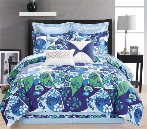 7 piece bedding comforter set luxury bed in a bag, queen. 12 Piece Paisley Blue/Green/White Bed in a Bag Set
