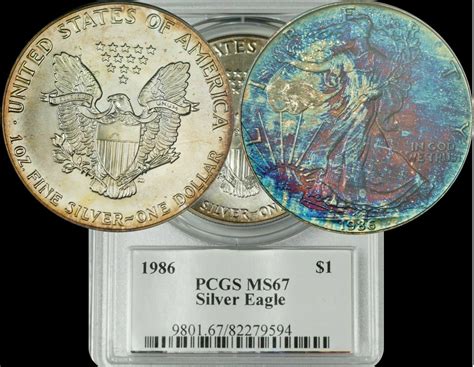 1986 American Silver Eagle Pcgs Ms67 Dark Bluegreenmaroon Toned Coin