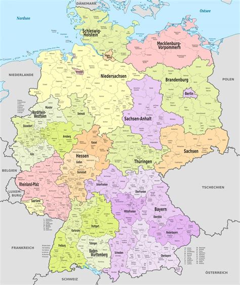 Tyskland Distriktene Kart Kart Over Tyskland District Vest Europa