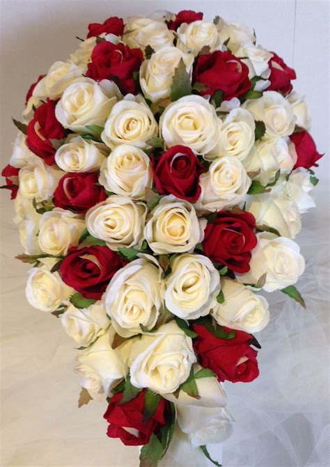 Ivory And Bright Red Roses Teardrop 60 Buds Wedding Bouquet Artificial
