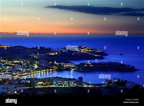 Panoramic Night View Of Agia Pelagia Heraklion Crete Greece Stock