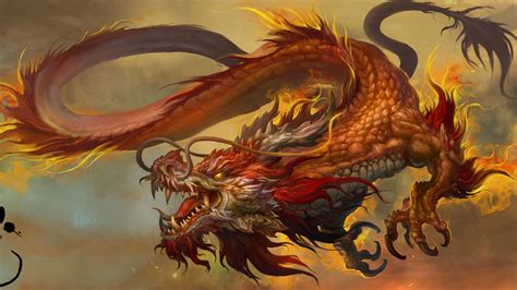 Fantasy Red And Yellow Dragon Is Flying Near Sky Hd Dreamy Wallpapers