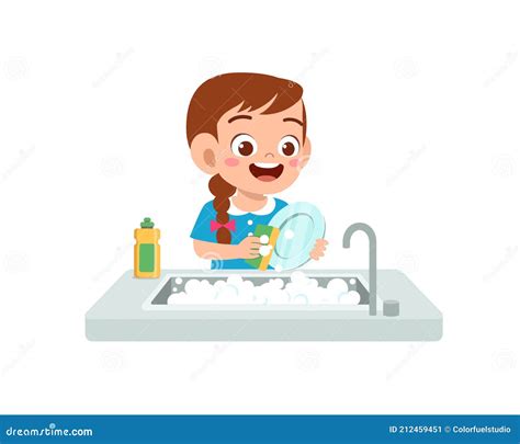 Happy Cute Little Girl Washing Dish In The Kitchen Stock Vector