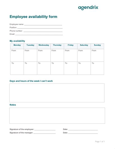 Free Employee Availability Form Template Agendrix