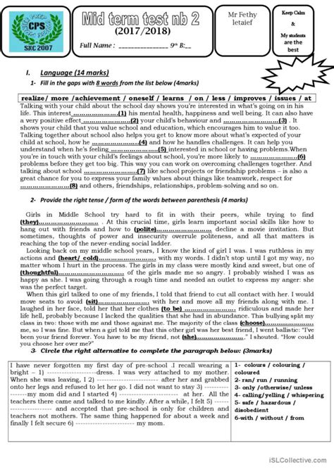 Test 2 9th Grade Tunisia General G English Esl Worksheets Pdf And Doc