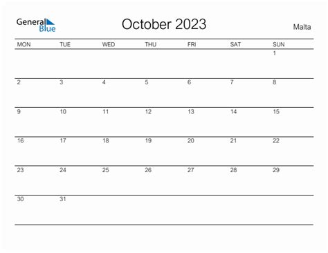October 2023 Malta Monthly Calendar With Holidays