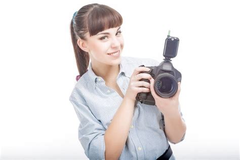 Photographer Woman Holding Dslr Camera Prior To Taking Photographs