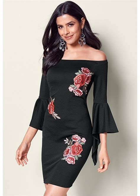 Floral Applique Dress In Black Multi Venus