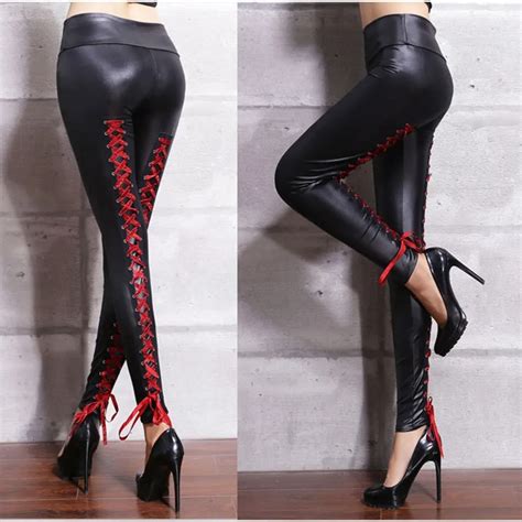 Buy Women Sexy Lace Bandages Leather Pants Black Pvc Leggings Goth Fetish Pu